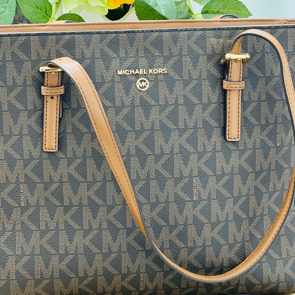 Michael Kors Black and Tan Monogram Tote